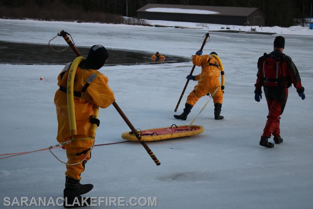 On Thursday March 13th SLVFD members conducted department level ice Rescue training at the Ampersand Boat Launch.